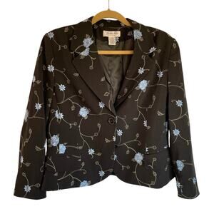 Judith Hart Black Blazer Blue Embroidered Floral Sz 12 Spring Summer Career Wear